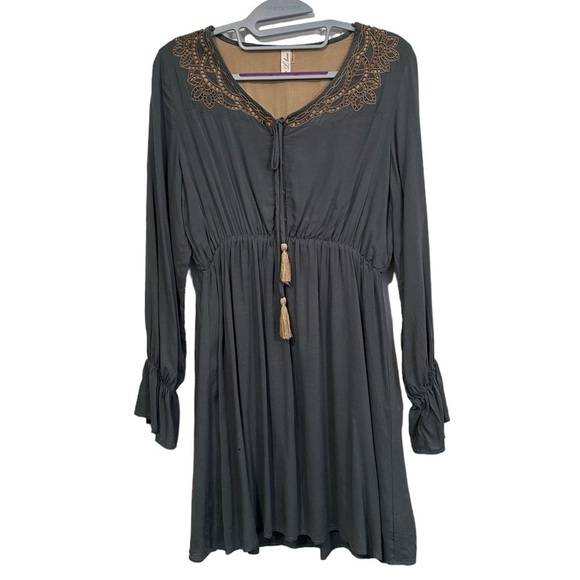 L Love Boho Lined Olive Green Dress Knee Length Tassels Tie Women's Medium - Picture 1 of 10